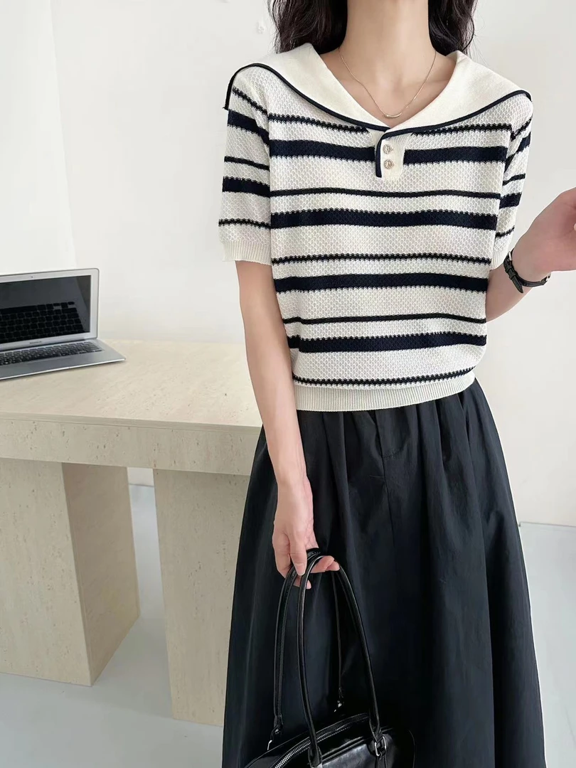 上衣针织衫百搭夏季宽松条纹显瘦气质短款时尚休闲小众翻领撞色