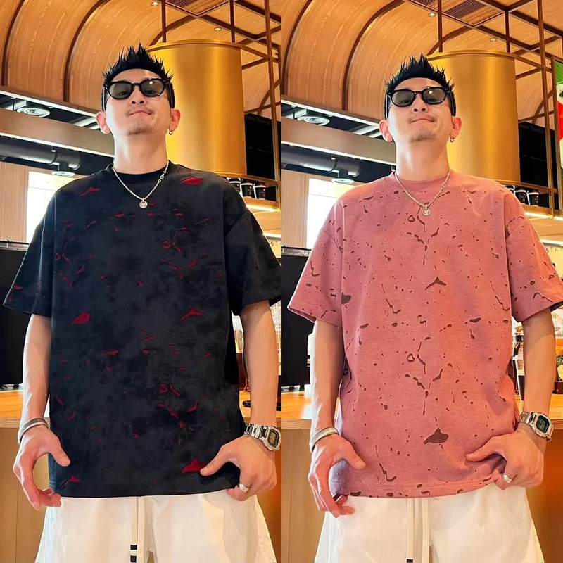 小众个性百搭时尚做旧撞色破洞设计感男士潮流时尚宽松圆领短袖