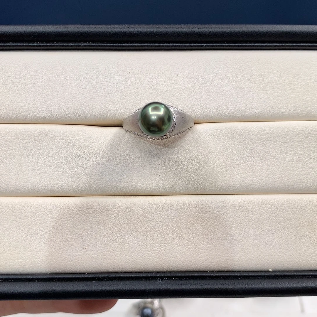 银S925镶嵌戒圈海水珍珠大溪地中古款孔雀绿戒指