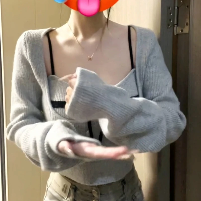 灰色洋气独特别致针织长袖吊带女秋冬高级感内搭
