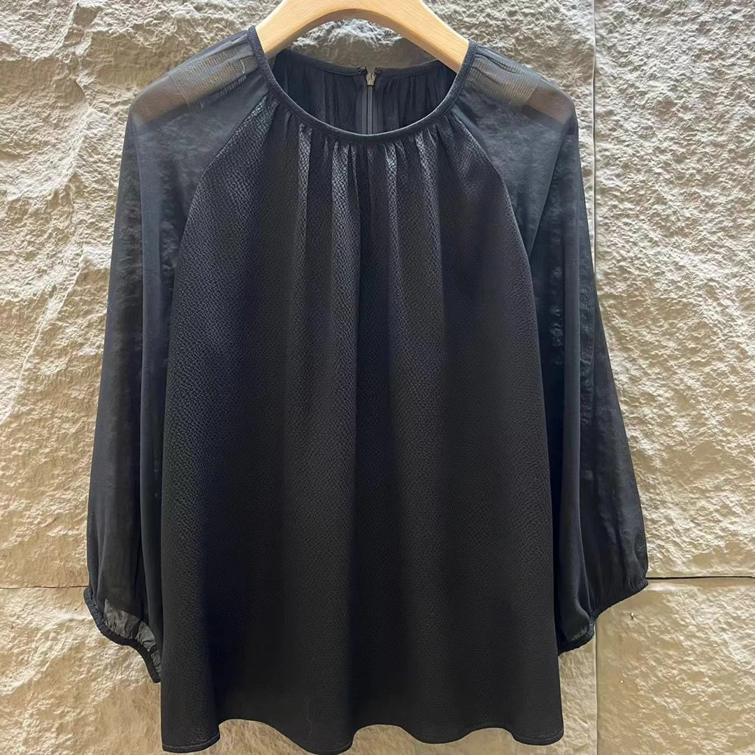 [墨枝]重磅桑蚕丝真丝珍珠缎乔其纱拼接真丝长袖衬衫S900A051