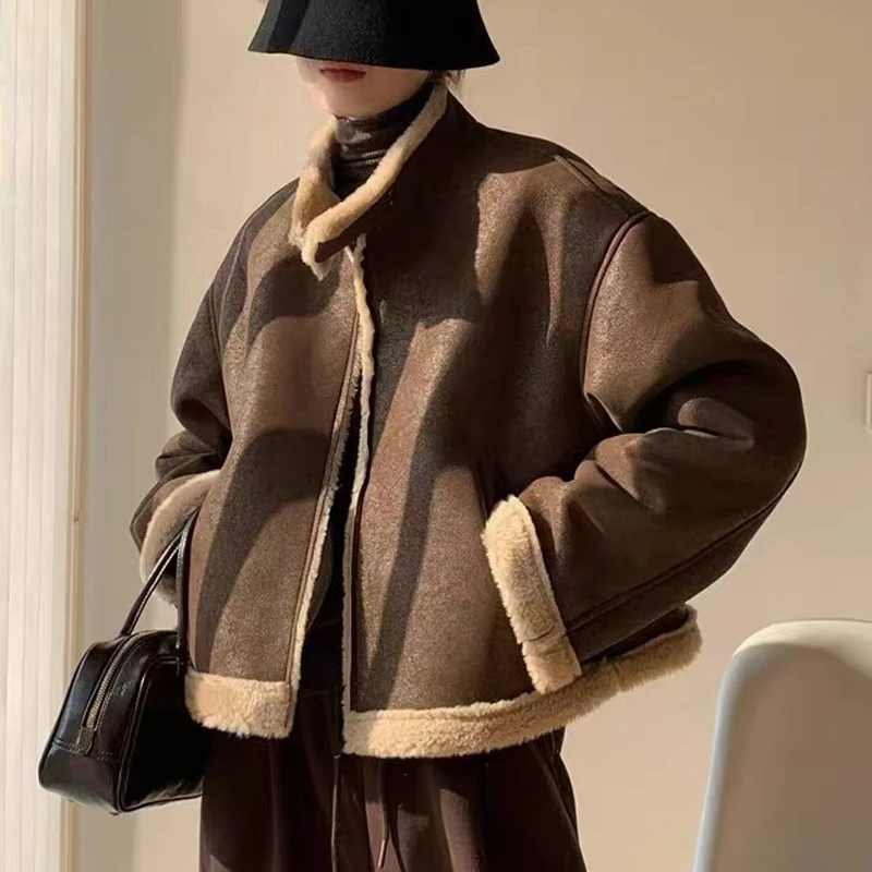 立领加绒加厚羊羔毛时尚一体短外套新款宽松减龄机车服上衣 3598