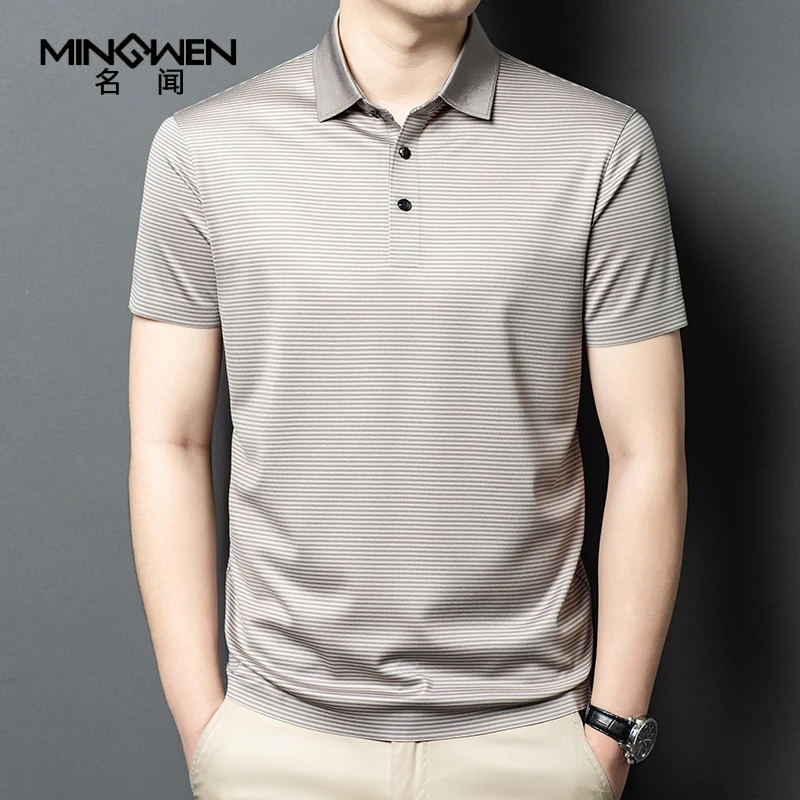 含桑蚕丝三醋酸短袖t恤男夏季细条纹翻领polo衫宽松休闲半袖上衣