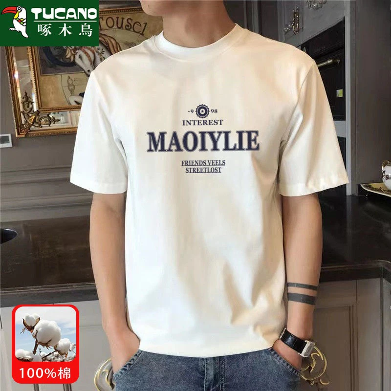 啄木鸟休闲潮牌爆款港风纯棉短袖T恤设计印花圆领宽松百搭上衣t恤