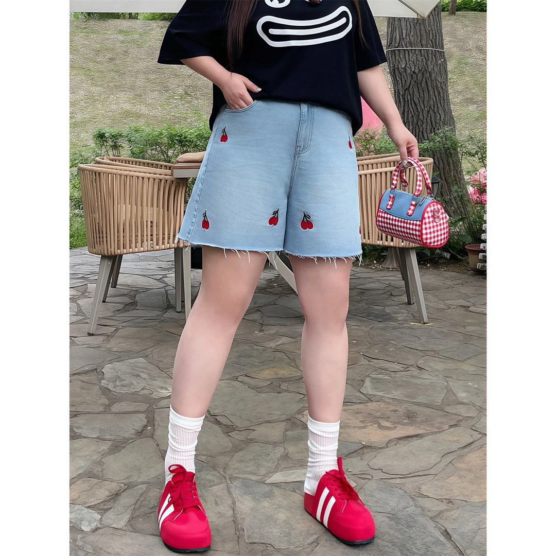 断码捡漏C浮岛樱桃/甜美减龄刺绣牛仔短裤 15021花契大码200斤