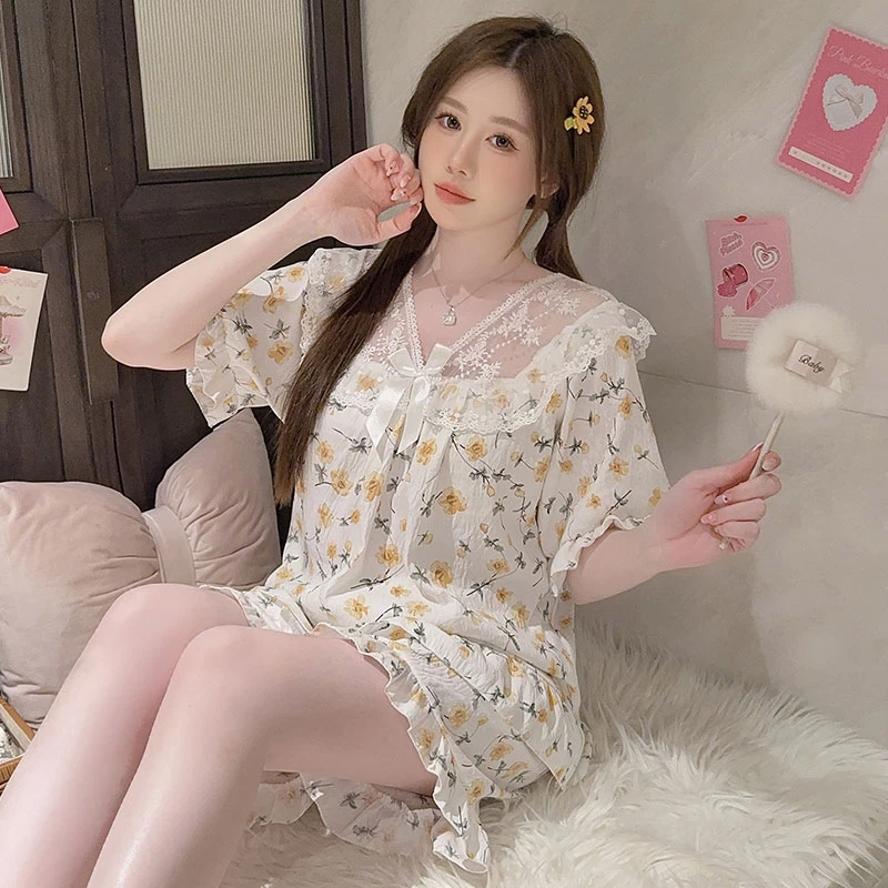 睡衣女夏季短袖短裤云朵棉睡衣大码宽松学生可外穿花边家居服套装