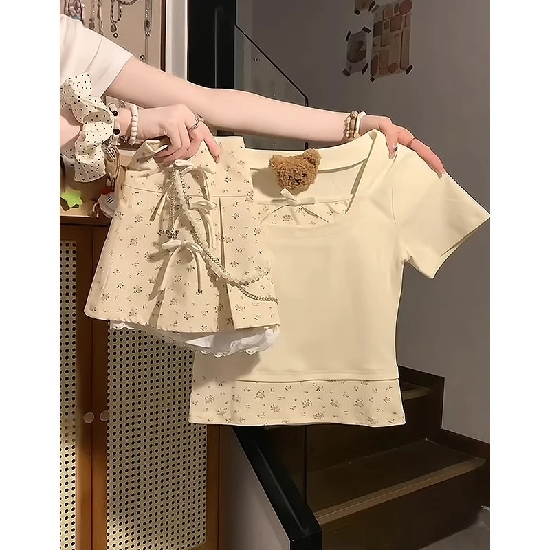 小清新碎花假两件上衣半身短裙套装女夏季小个子miu系穿搭两件套