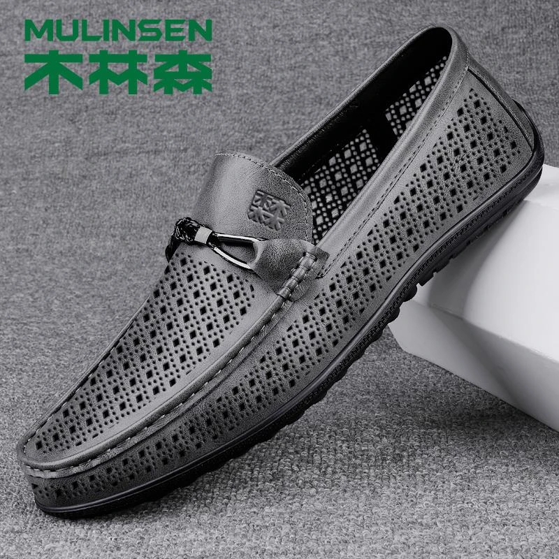 木林森男鞋春季2025新款镂空皮鞋男款正品透气豆豆鞋男士薄款鞋子