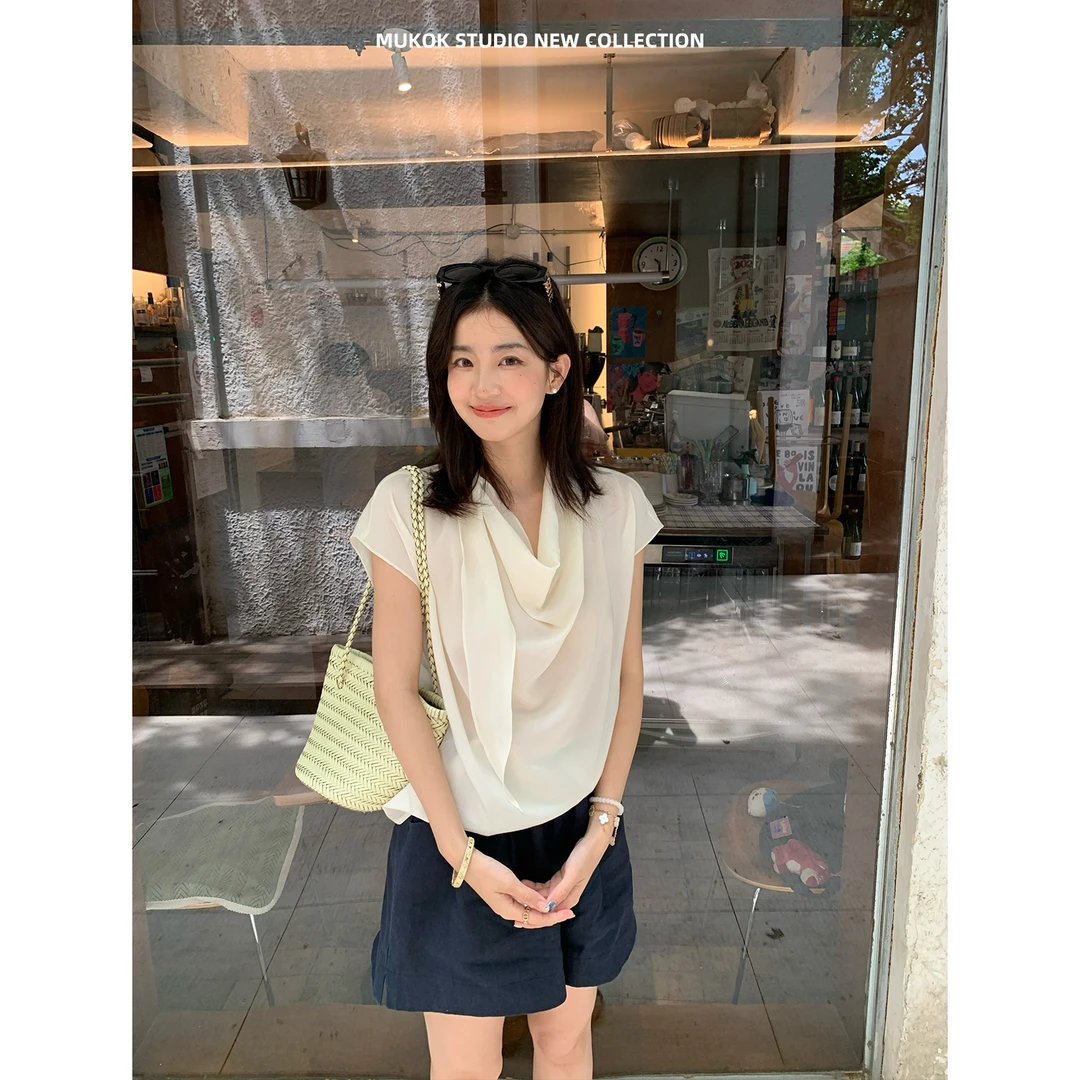 MUKOK 100%莱赛尔天丝荡领气质感设计小飞袖衬衫纯色通勤百搭上衣