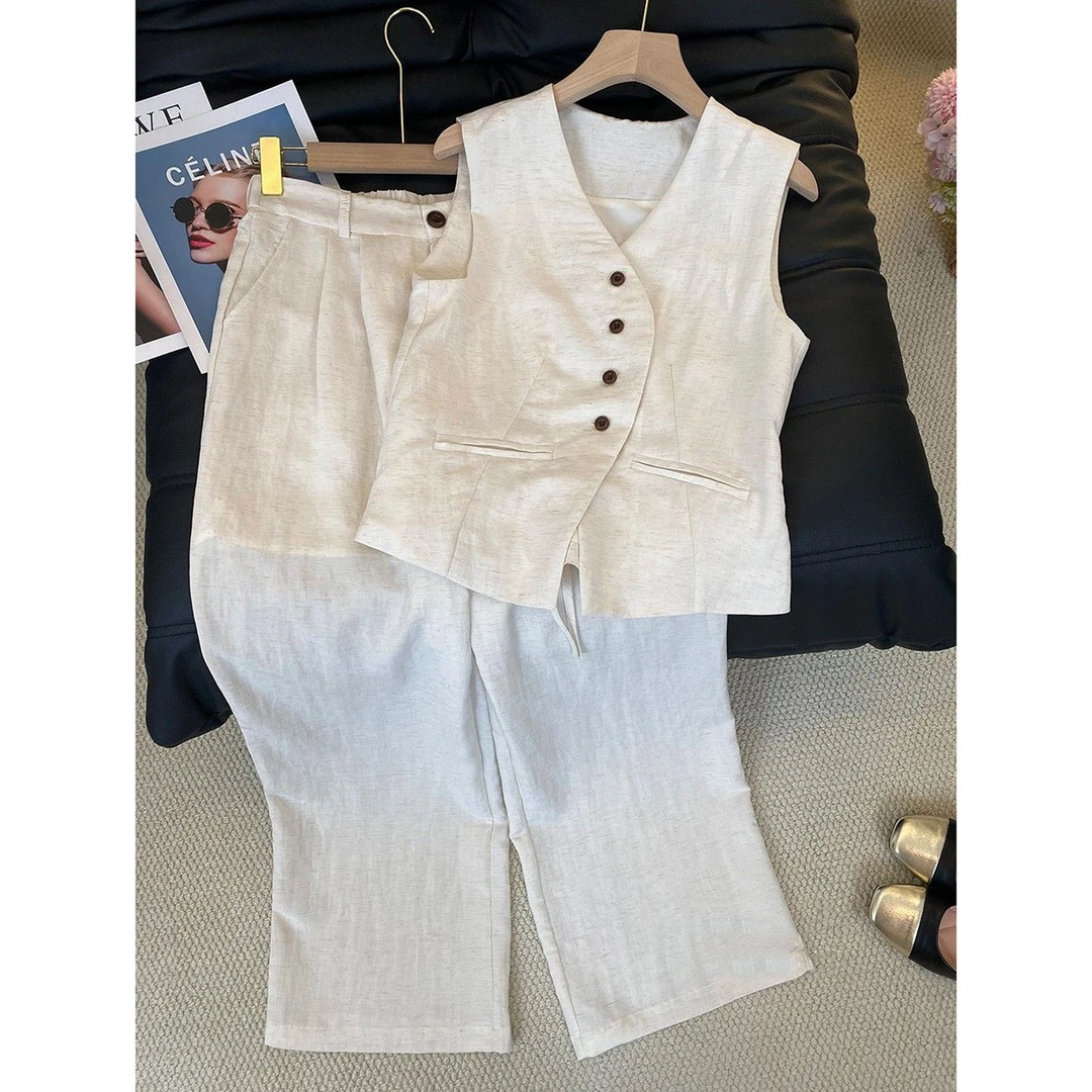 欧货棉麻马甲套装女夏2025新款老钱风无袖背心亚麻阔腿裤子两件套