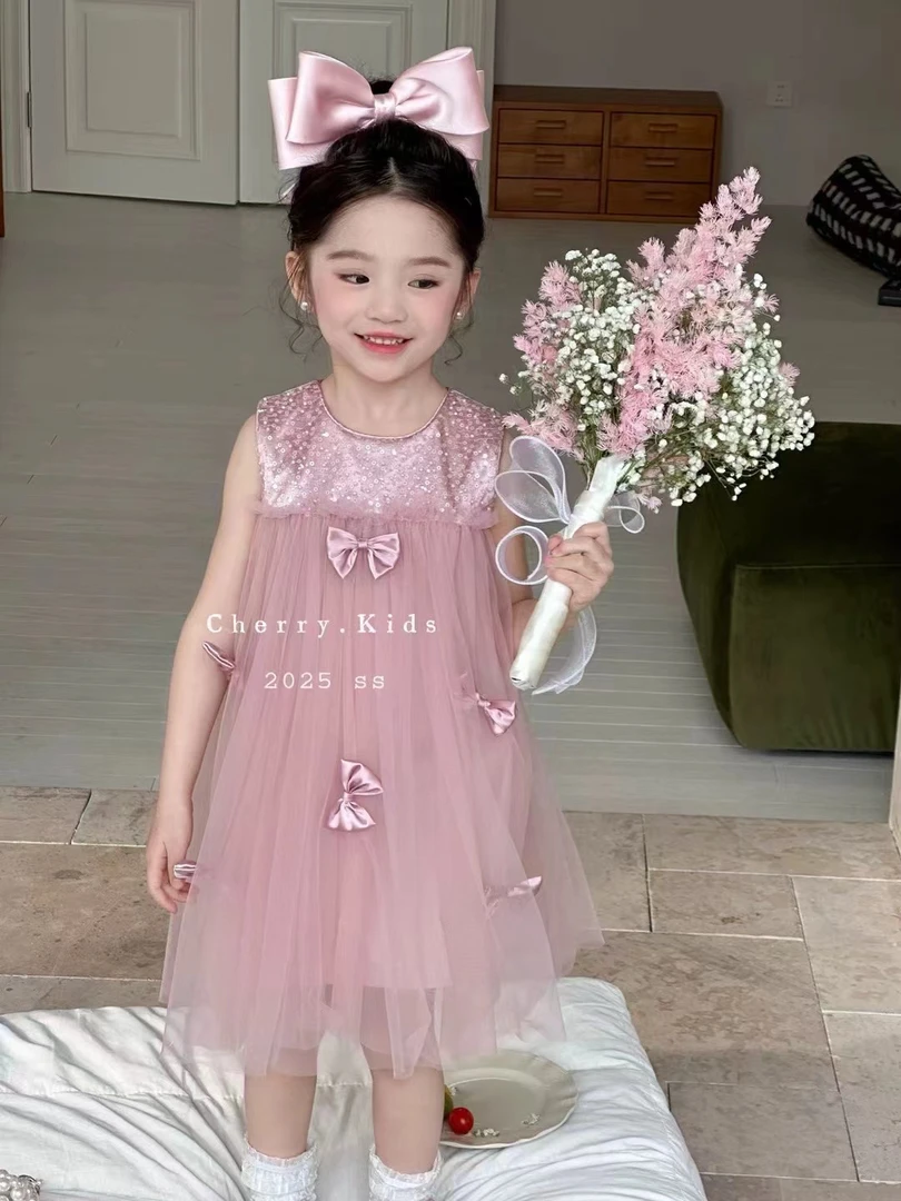Cherry正版夏季新款女童甜美亮片公主网纱连衣裙无袖蝴蝶结公主裙