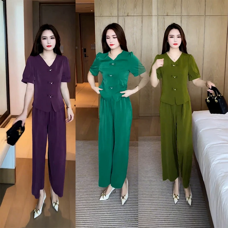 洋气盘扣V领短袖阔腿时尚套装女2025春夏季爆款气质贵夫人两件套