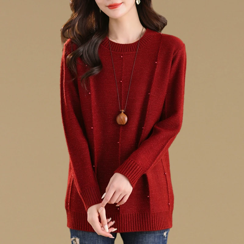 高级感气质钉珠中长款毛衣女套头秋冬圆领宽松大码加厚针织打底衫