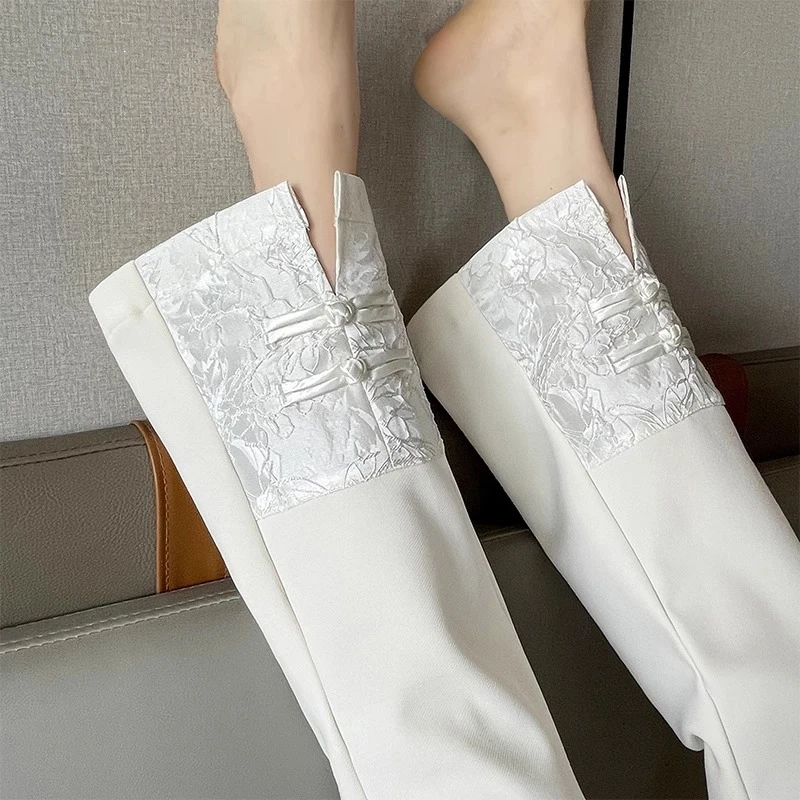 国风开叉微喇休闲裤女2025春夏薄款小个子新中式刺绣盘扣喇叭裤潮