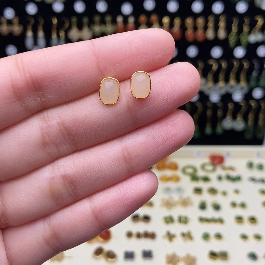 和田玉银S925镀金镶嵌耳饰