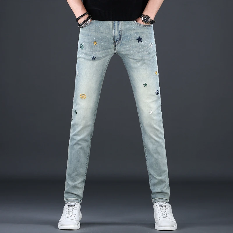 秋季新款高端刺绣烫钻印花潮流牛仔裤男款修身小脚弹力休闲时尚男