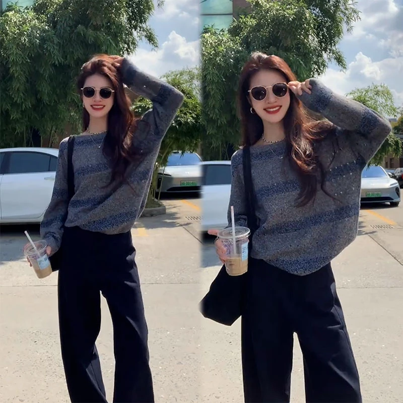 2025秋季新款设计感百搭气质慵懒长袖条纹上衣女休闲阔腿裤两件套