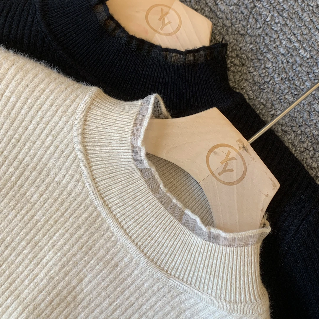 小个子圆圆4146法式蕾丝拼接加绒圆领套头毛衣宽松百搭保暖上衣女