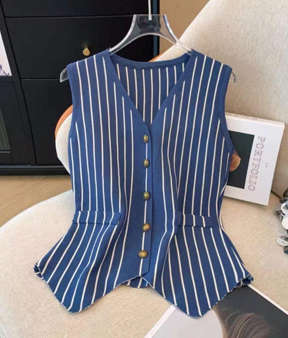 秋季马夹女条纹V领针织工字型款夏季韩版舒适时尚