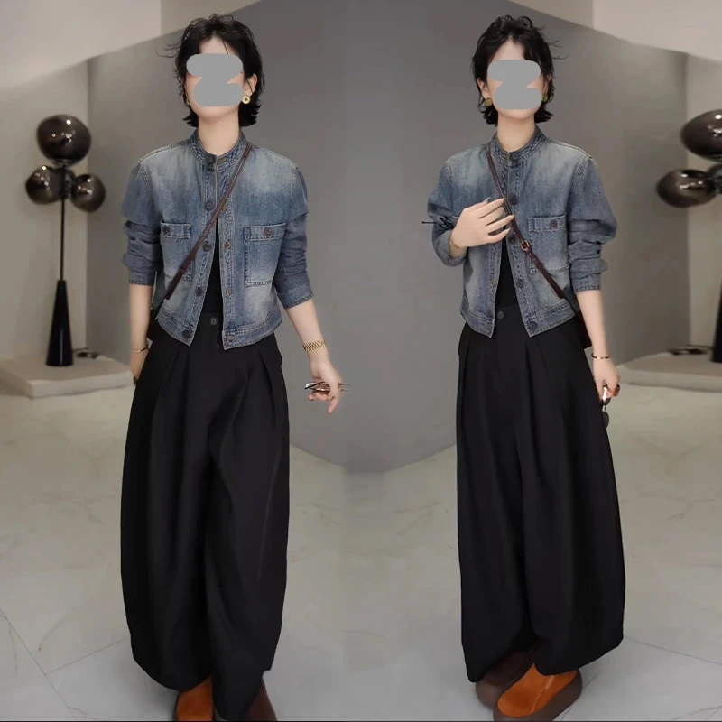 美式辣妹气质复古短款牛仔外套2025秋冬新款通勤高级立领夹克女装