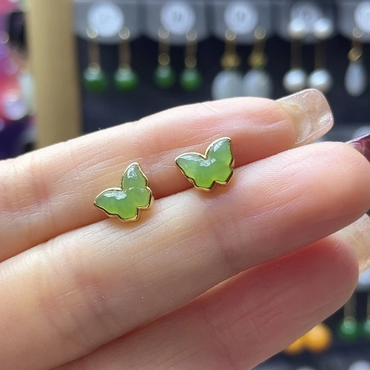 和田玉耳饰银S925镀金镶嵌