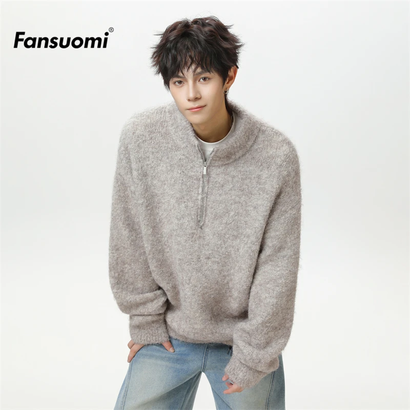 范索米日系复古半拉链毛衣男秋冬保暖慵懒风套头针织衫线衣外套