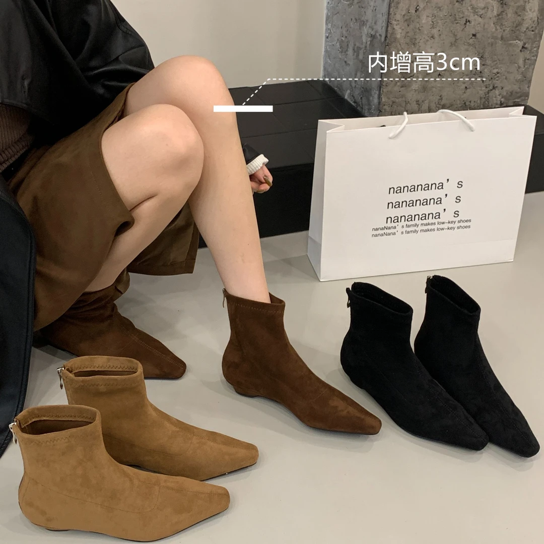 内增高绒面尖头短靴女2025秋冬新款加绒女靴子韩版瘦瘦靴时装靴女