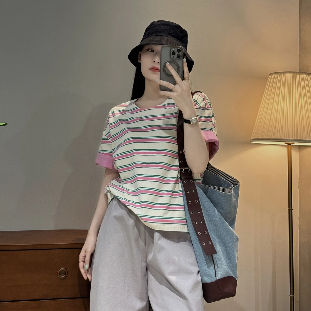 韩系ins时尚休闲百搭宽松圆领撞色袖条纹T恤女夏季-M25201350