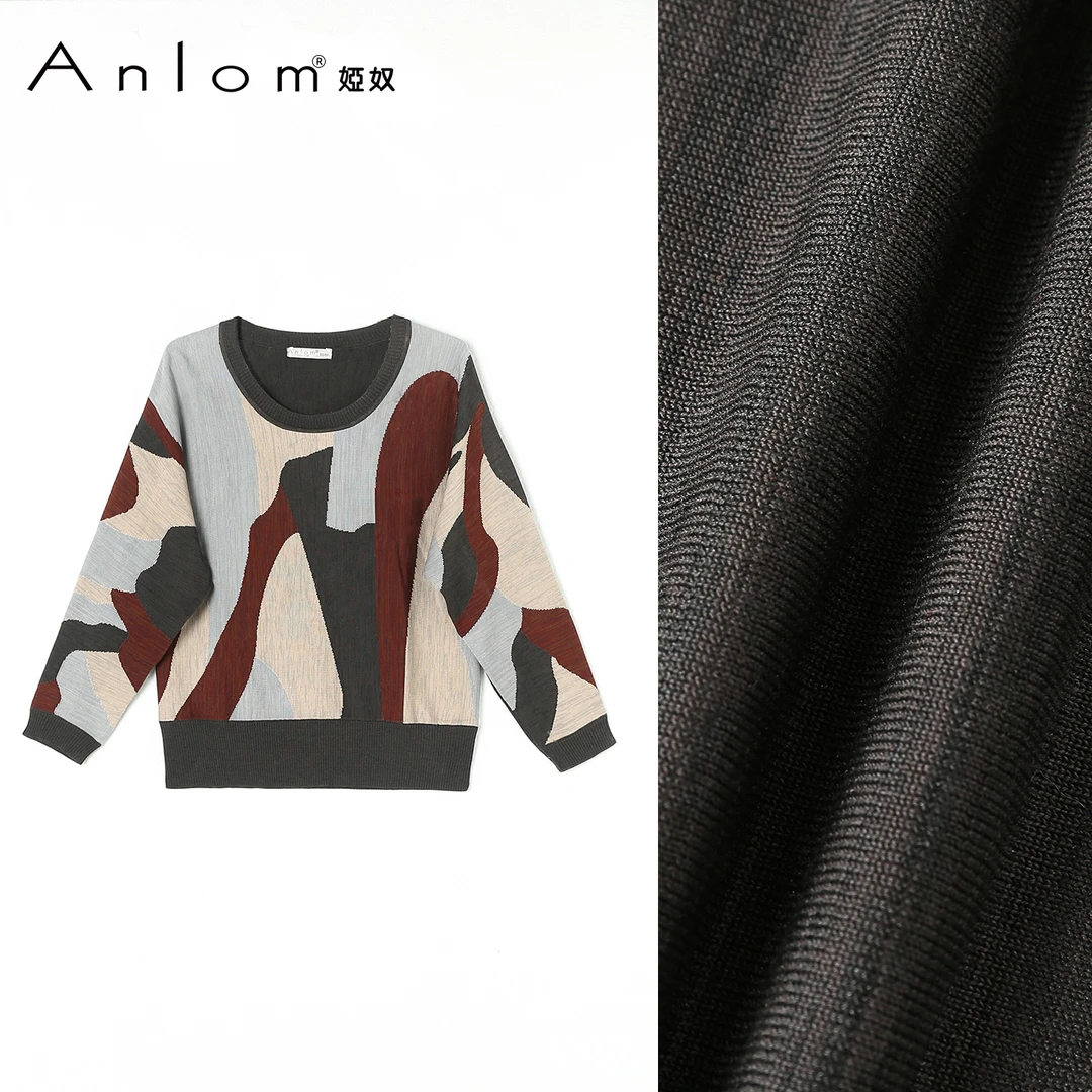 Anlom/娅奴女装桑蚕丝秋季新款时尚休闲女士拼色圆领针织套衫
