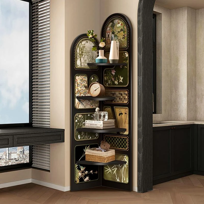 中古风转角柜法式复古收纳置物架沙发旁落地摆件小户型夹缝三角柜