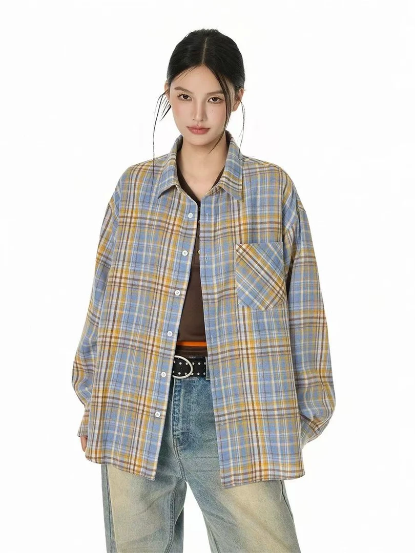 B8-2蓝黄色"双口袋格纹“长袖衬衣(030)