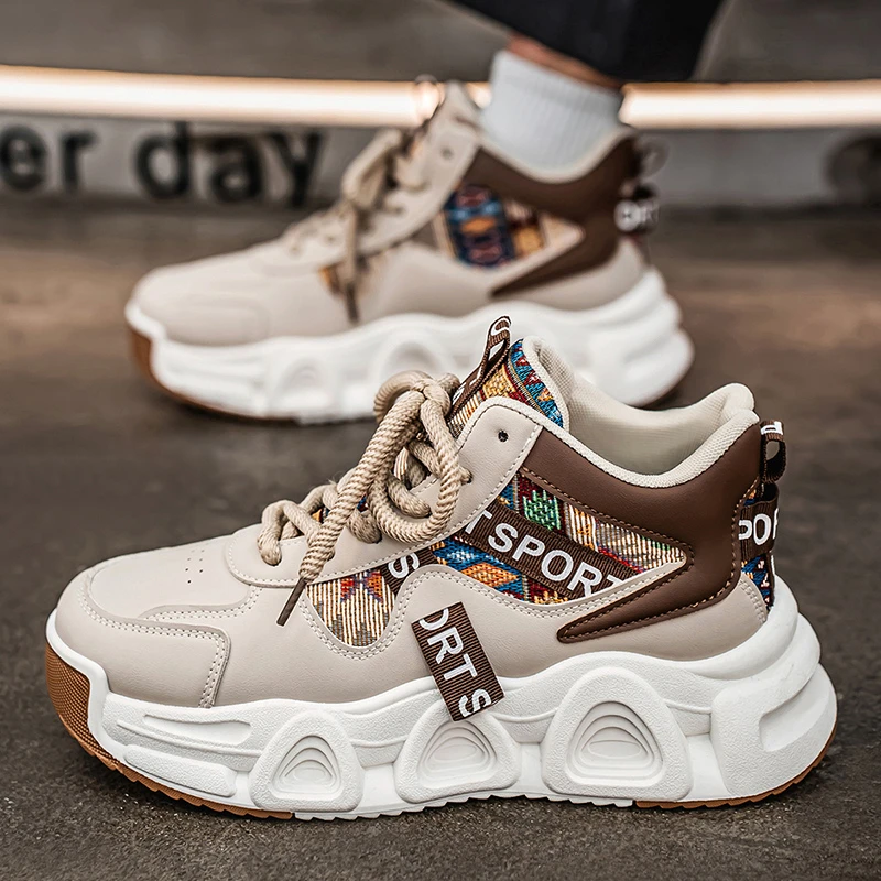 潮牌时尚男鞋2025春季新款百搭厚底高帮休闲防滑运动增高老爹鞋子