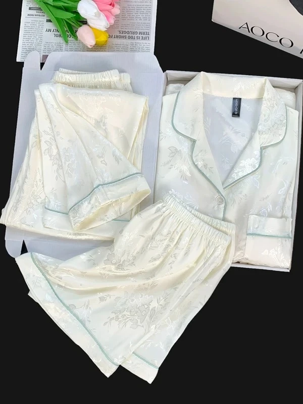 【短袖带胸垫三件套】夏季柔光软丝睡衣家居服套装