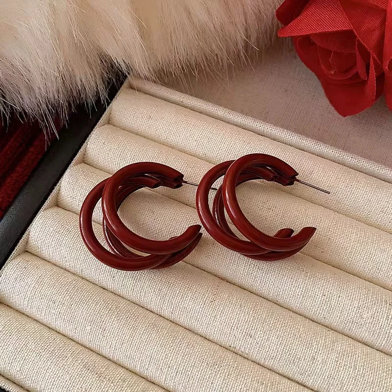 钛钢耳饰 女红色耳环港风圈圈简约素款优雅设计感轻奢复古2048