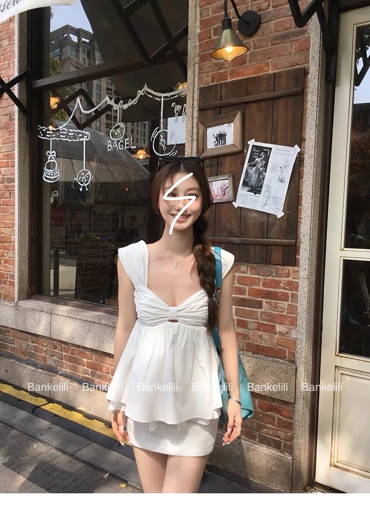 【米妮】露肩吊带镂空蝴蝶结上衣