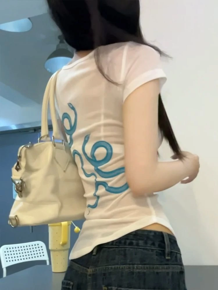 美式复古辣妹风U领短袖T恤女夏季新款设计感小众修身显瘦百搭上衣