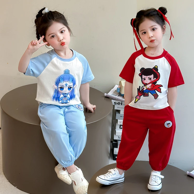 儿童哪吒敖丙套装夏款男女宝宝洋气卡通休闲运动短袖防蚊裤两件套