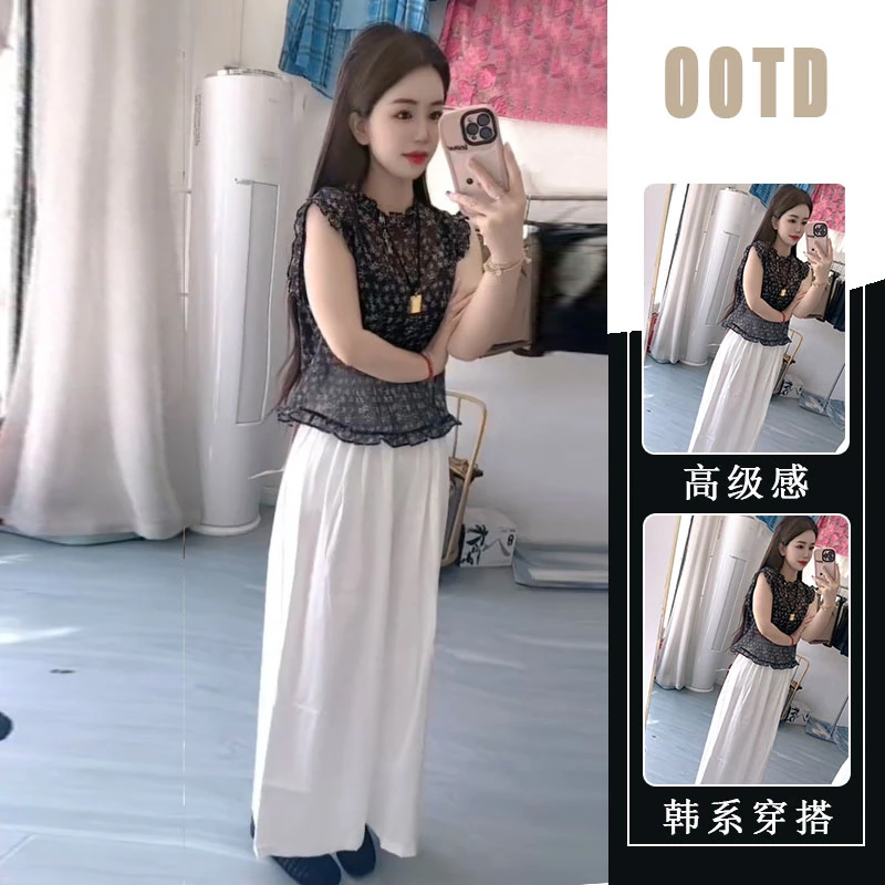 洋气减龄套装女夏季荷叶边碎花小飞袖衬衫+高腰显瘦休闲裤两件套