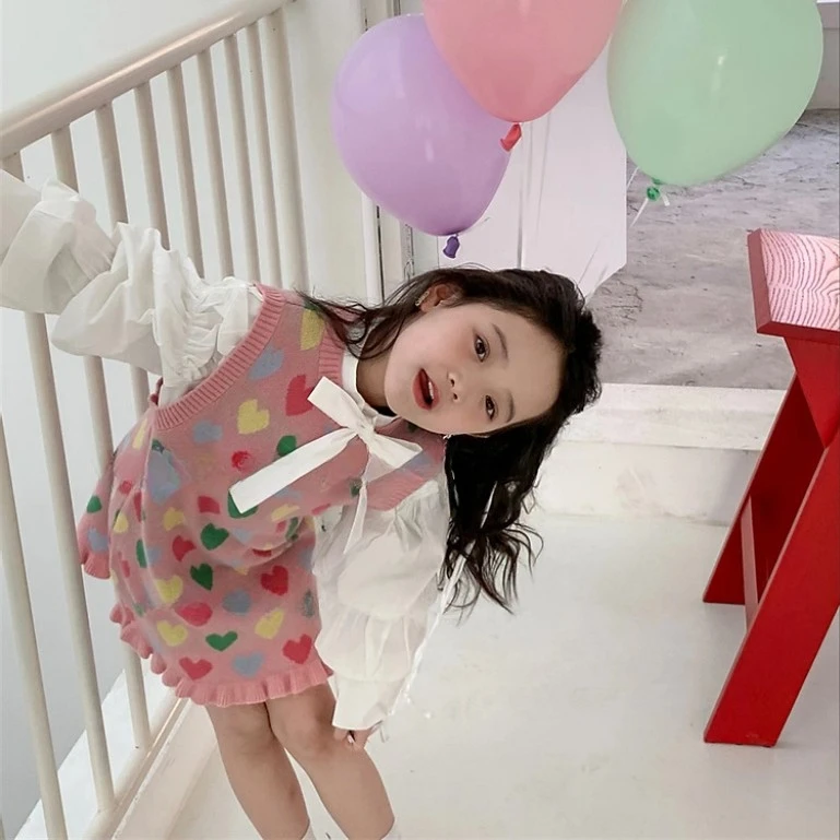 女童韩版针织连衣裙可爱洋气泡泡袖蝴蝶结公主裙衬衫两件套0810