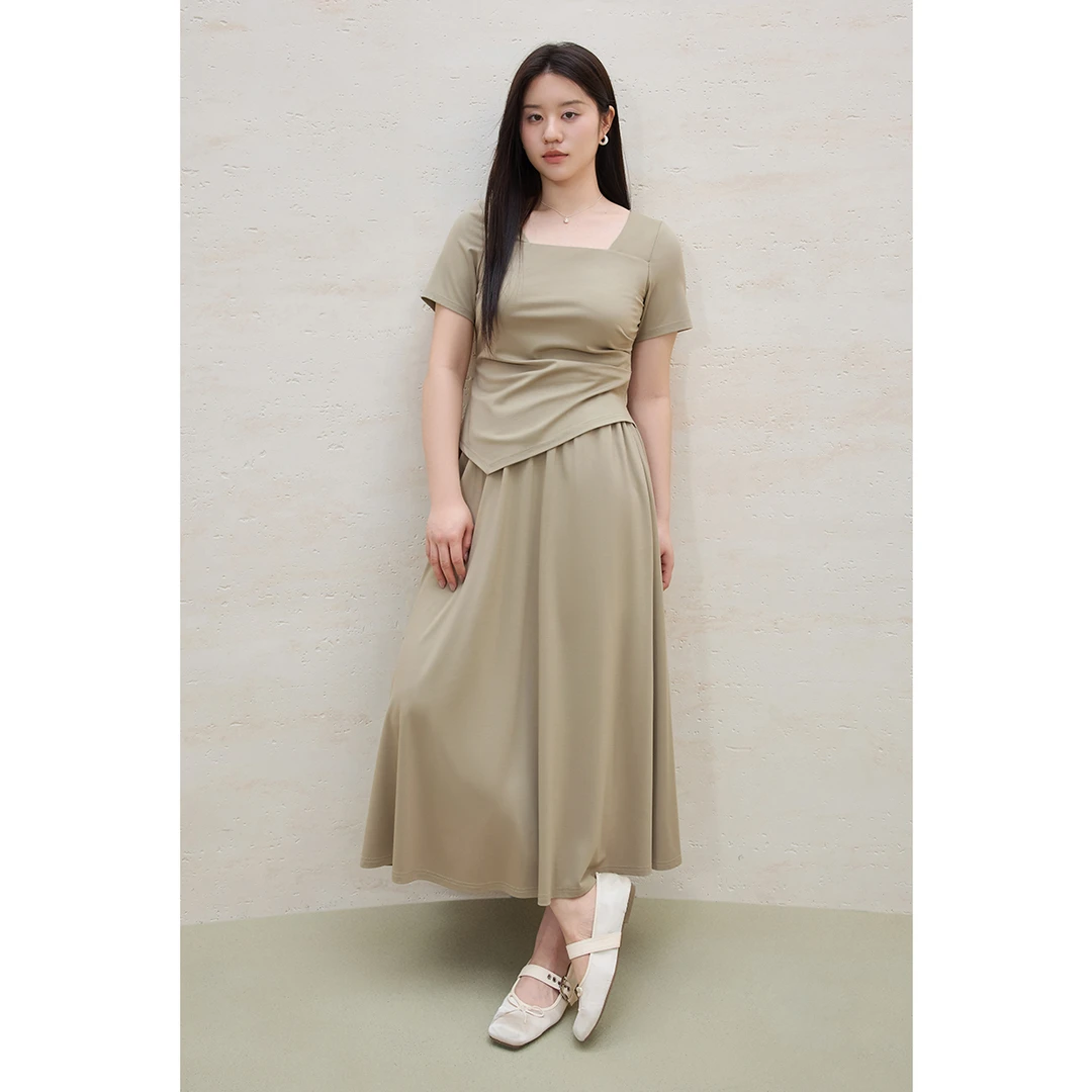 独束微胖大码女装抽褶上衣半身裙时尚套装通勤两件套25DS82115
