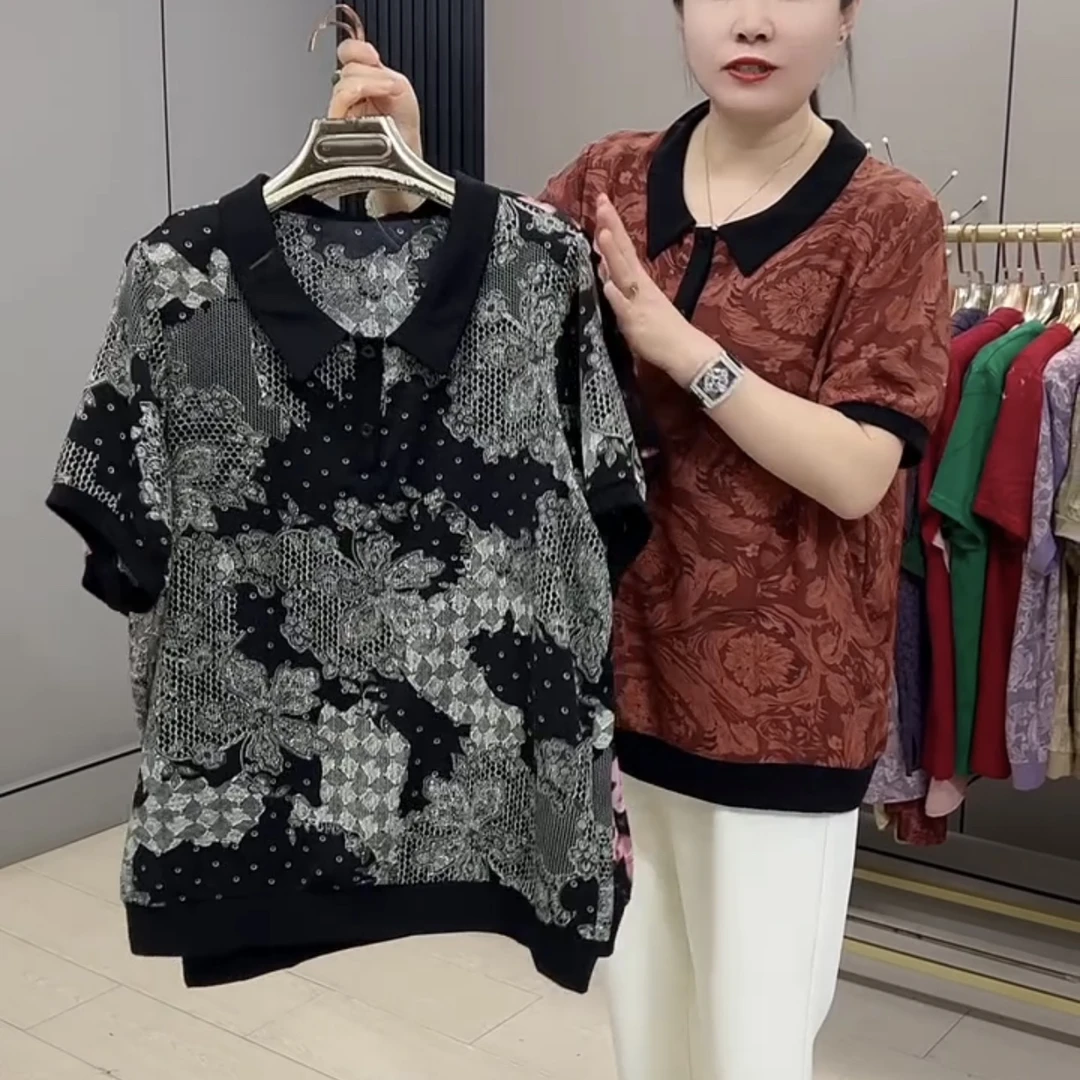 3081*大码时尚碎花款中老年女装衬衫衬衣宽松百搭时尚短袖小衫