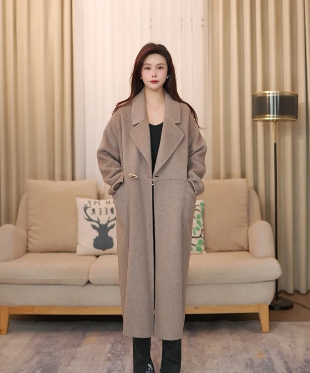 秋冬韩版时尚气质型百搭长款双面羊毛大衣羊角一粒扣
