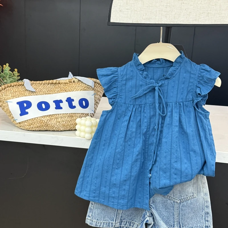 【现货】leomama女童孔雀蓝飞袖娃娃衫夏季儿童宝宝系带纯棉上衣