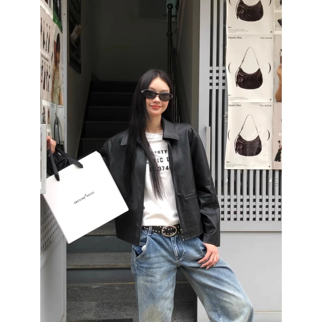 美式黑色Pu皮衣短外套女秋季2025新款酷飒机车风正肩拉链翻领夹克