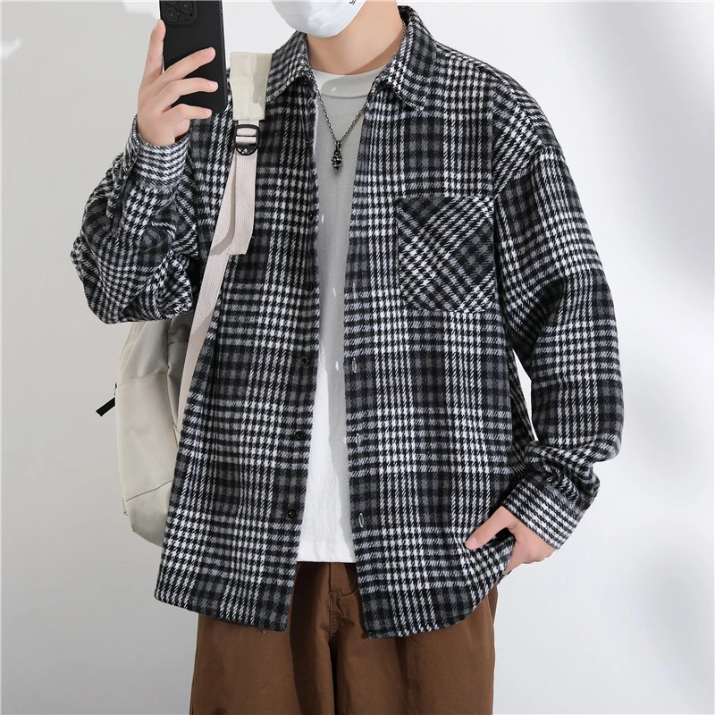 新款个性男士衬衫夹克外套高品质色织宽松版简约时尚潮流长袖