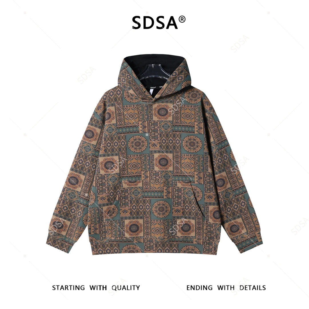 SDSA男士秋冬新款痞帅男装复古撞色花卉连帽卫衣宽松高街套头上衣