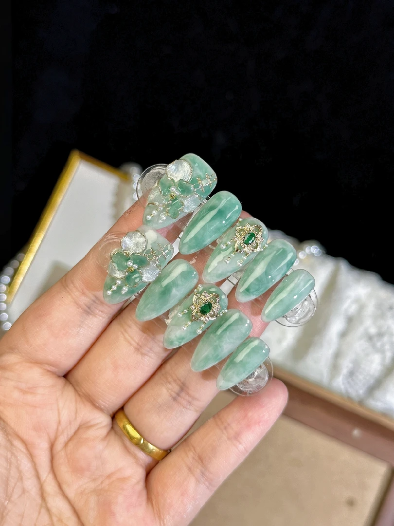 1366木木手工穿戴甲定制原创国风新中式玉石晕染雕花穿戴甲成品