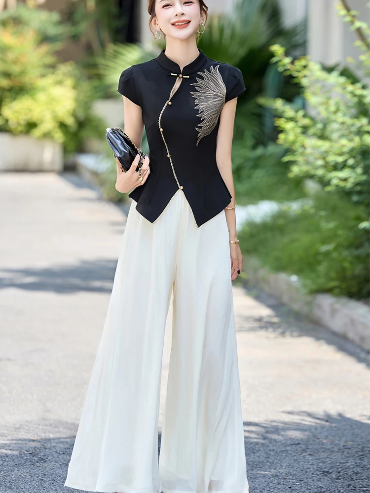 新中式国风套装女夏高级设计感复古盘扣刺绣时尚洋气阔腿裤两件套