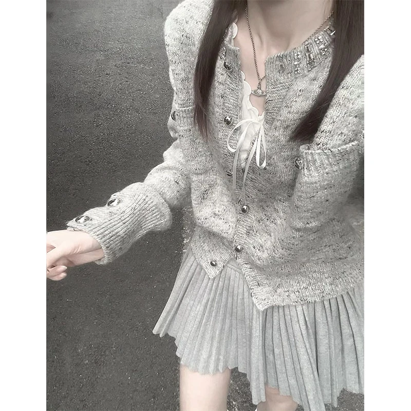 秋夏灰色小香风针织衫上衣外套开衫内搭百褶半身裙高腰短裙A字裙