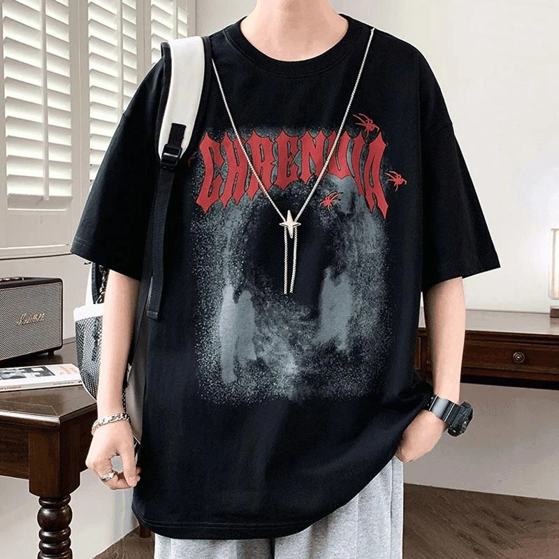 上衣男美式高街短袖t恤男夏季ootd穿搭青少年宽松半袖体恤男印花